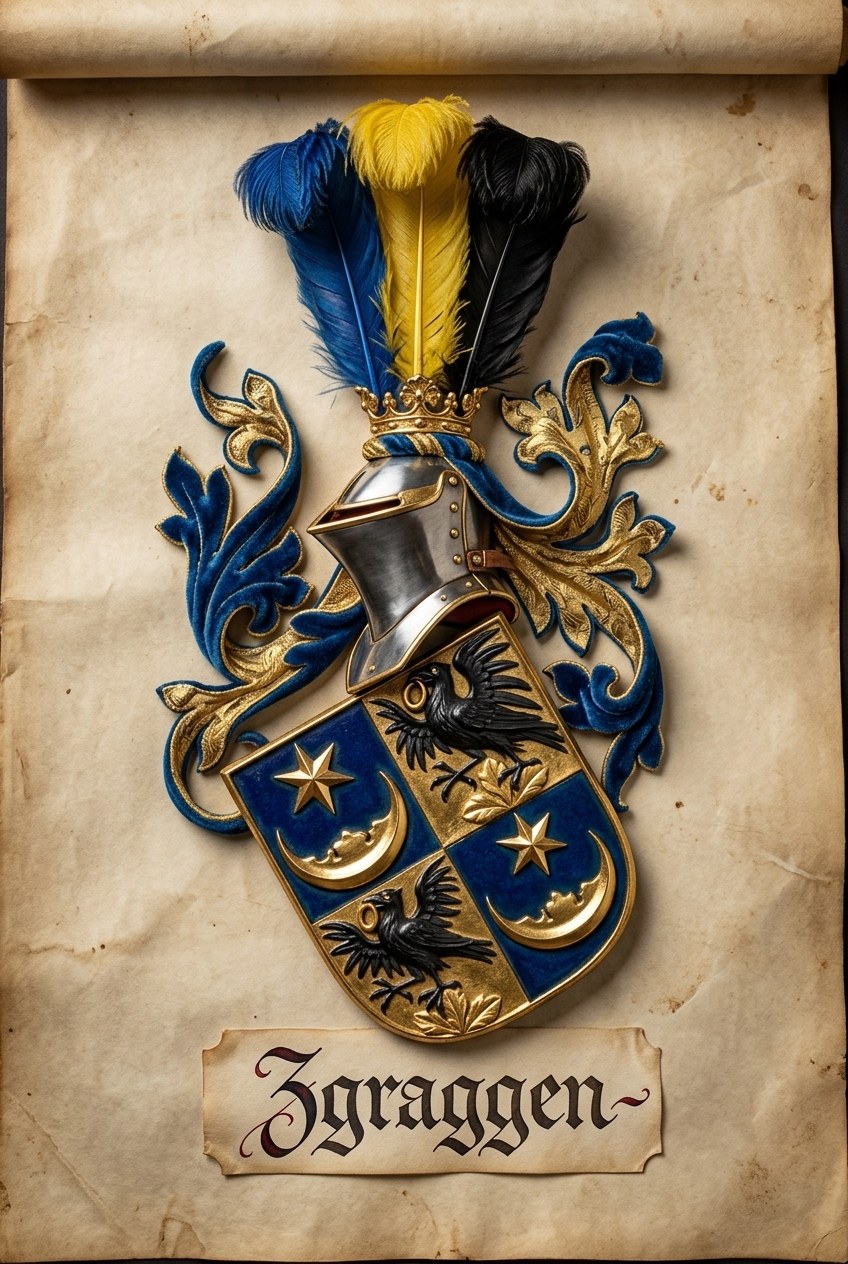 Armoiries de la famille Zgraggen : écu écartelé d'azur et d'or, corbeaux, étoiles et croissants, timbré d'un heaume à trois plumes.